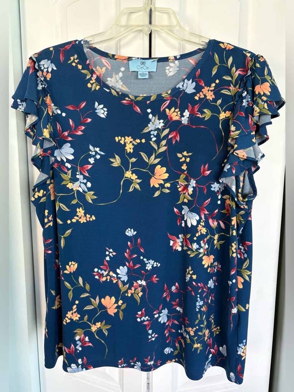 CeCe Navy Blue Floral Ruffle Sleeve Tunic